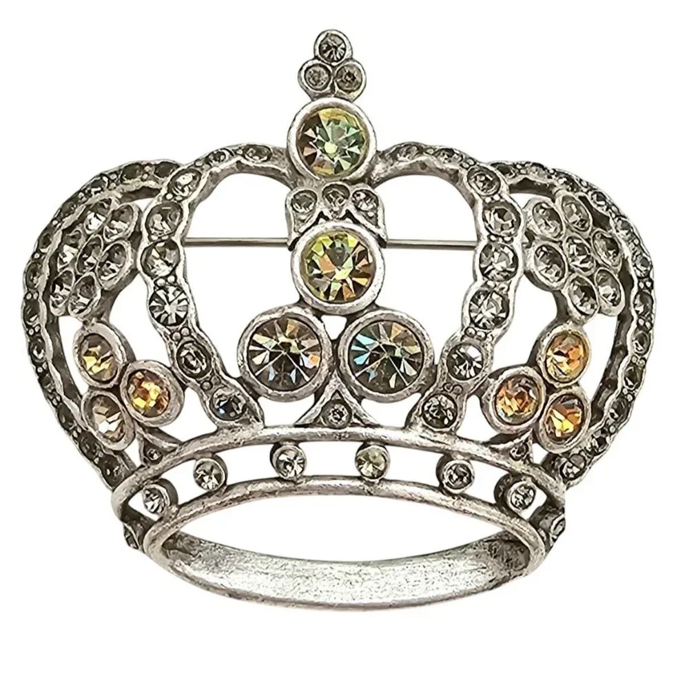 Anne Klein Silver Tone Crown Brooch, Smoky Vitrail Rhinestone Pin Signed, J303